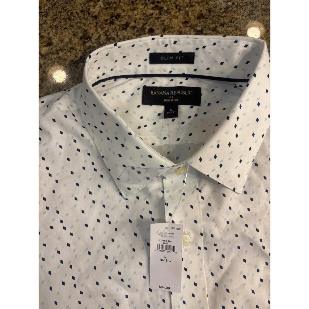 NWT Banana Republic Mens Slim Fit Non-Iron Shirt White Blue Geometric Diamond L